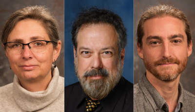 headshots of three people: a woman with brown hair wearing glasses and beige sweater, man with dark hair and beard wearing black shirt and tie, and man with brown hair wearing a gray collared shirt