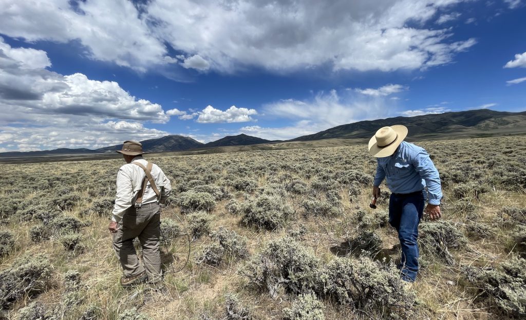 older man wearing hat and long-sleeved shirt with pants held up by suspenders, carrying a metal hoop, and a younger man wearing a cowboy hat, long-sleeved shirt, and jeans, carrying a hammer, walk through clumps of sagebrush with mountains on the horizon and blue sky with clouds overhead