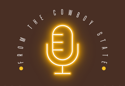 An illustration of a gold microphone against a brown background. Around the microphone, text reads "From the Cowboy State". Below the microphone, UW Extension's logo is displayed above pause, play, skip icons. To either side of the UW Extension logo are patterns that look like audio waves.