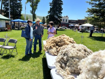 Three large piles of fleece on a table. In the background, three people talk. 