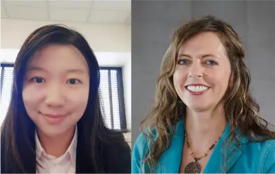 Two headshots. Left, a woman with long straight black hair and black eyes wearing a collared white shirt and black jacket. Right, a woman with wavy brown hair and blue eyes wearing a teal jacket and a large necklace.