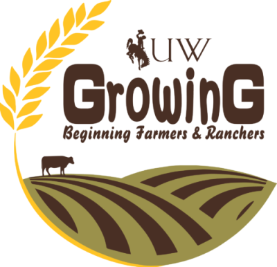 A stylized logo with several fields encircled by a stalk of wheat. A cow is grazing on the fields. Text reads, "UW GrowinG - Beginning Farmers and Ranchers".