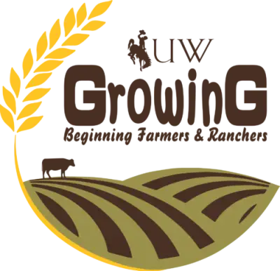 A stylized logo with several fields encircled by a stalk of wheat. A cow is grazing on the fields. Text reads, "UW GrowinG - Beginning Farmers and Ranchers".