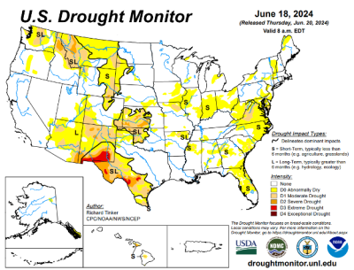 A map of the U.S. with drought areas highlighted in yellow, orange, and red. Eastern Wyoming is primarily yellow (abnormally dry) with some orange areas (moderate drought). The area is also marked with an "S" for "short term, typically less than 6 months (e.g. agriculture, grasslands)". The top left corner of Wyoming also shows abnormally dry conditions with a small patch of moderate drought. The map also has text that reads, "The Drought Monitor focuses on broad-scale conditions. Local conditions may vary. For more information on the Drought Monitor, go to https://droughtmonitor.unl.edu/About.aspx. Author: Richard Tinker, CPC, NOAA, NWS, NCEP.