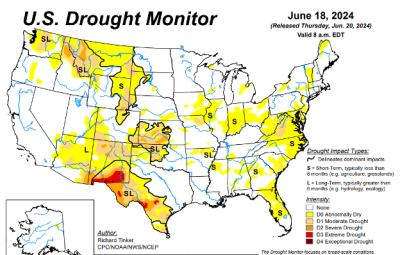 A map of the U.S. with drought areas highlighted in yellow, orange, and red. Eastern Wyoming is primarily yellow (abnormally dry) with some orange areas (moderate drought). The area is also marked with an "S" for "short term, typically less than 6 months (e.g. agriculture, grasslands)". The top left corner of Wyoming also shows abnormally dry conditions with a small patch of moderate drought. The map also has text that reads, "The Drought Monitor focuses on broad-scale conditions. Local conditions may vary. For more information on the Drought Monitor, go to https://droughtmonitor.unl.edu/About.aspx. Author: Richard Tinker, CPC, NOAA, NWS, NCEP.