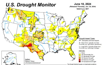 A map of the U.S. with drought areas highlighted in yellow, orange, and red. Eastern Wyoming is primarily yellow (abnormally dry) with some orange areas (moderate drought). The area is also marked with an "S" for "short term, typically less than 6 months (e.g. agriculture, grasslands)". The top left corner of Wyoming also shows abnormally dry conditions with a small patch of moderate drought. The map also has text that reads, "The Drought Monitor focuses on broad-scale conditions. Local conditions may vary. For more information on the Drought Monitor, go to https://droughtmonitor.unl.edu/About.aspx. Author: Richard Tinker, CPC, NOAA, NWS, NCEP.