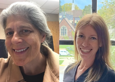 portraits of two smiling women. the one on the left has gray hair and is wearing a brown canvas jacket and the one on the right is wearing a black shirt and standing in front of a window.