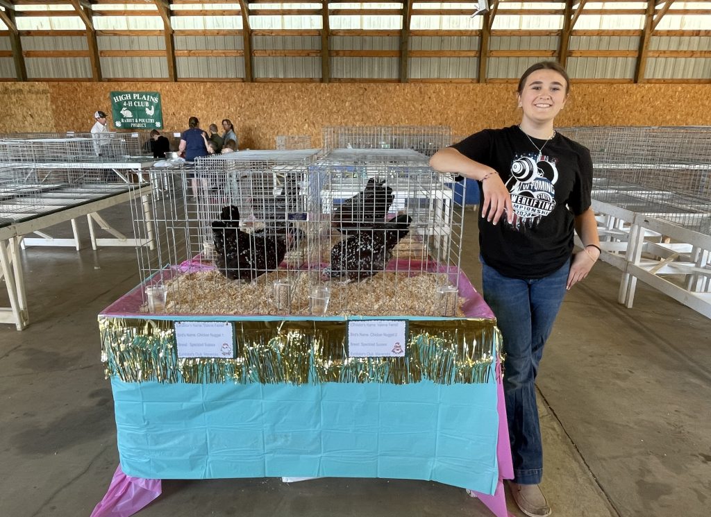 smiling teenage girl wearing Wyoming State Powerlifting Championship t-shirt and jeans stands beside a metal structure draped with turquoise and pink material, accented with gold fringe, with crates holding black and white chickens atop it