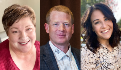 L-R: A white woman with short straight brown hair and a round face, a middle aged white man with short straight ginger hair, and a young white woman with dark wavy brown hair about shoulder length.