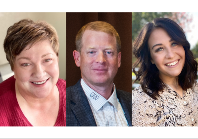 L-R: A white woman with short straight brown hair and a round face, a middle aged white man with short straight ginger hair, and a young white woman with dark wavy brown hair about shoulder length.