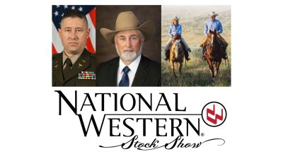 From left to right, a man in a military outfit, a man in a cowboy hat, a man and woman on horseback with cowboy hats, and a logo that reads "National Western Stock Show".