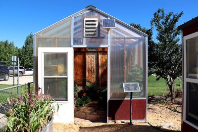 enclosed growing space with small solar panel and open door revealing leafy green plants inside. In front of the structure is a small plaque and a metal container with plants in it; to the right of the structure is a tree