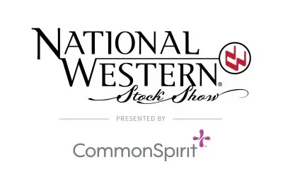 Text reading "National Western Stock Show, presented by CommonSpirit" in fancy lettering.