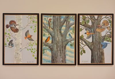 Three paintings. In the lefthand painting, three birds are flying towards the center in front of an aspen tree. In the righthand painting, three birds are flying towards the center in front of an oak tree. In the middle painting, three birds are perched on a cottonwood tree.