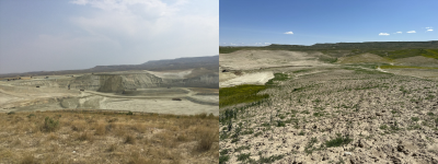 Two images. Left, a pit with dirt roads built into it that many vehicles are driving on, overlooked by a grassy field. Right, a hilly landscape with patchy vegetation, with one flattened dirt road area with a car on it at the bottom of a slope.