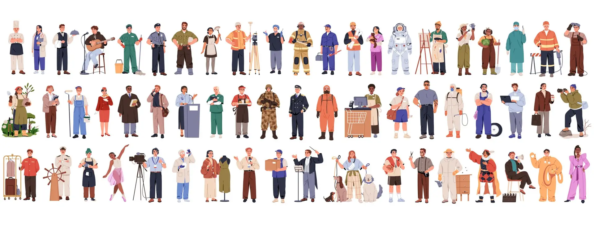 illustration of diverse professionals representing different careers, ranging from a chef to musician to gardener to ship's captain organized into three rows of 18–21 people