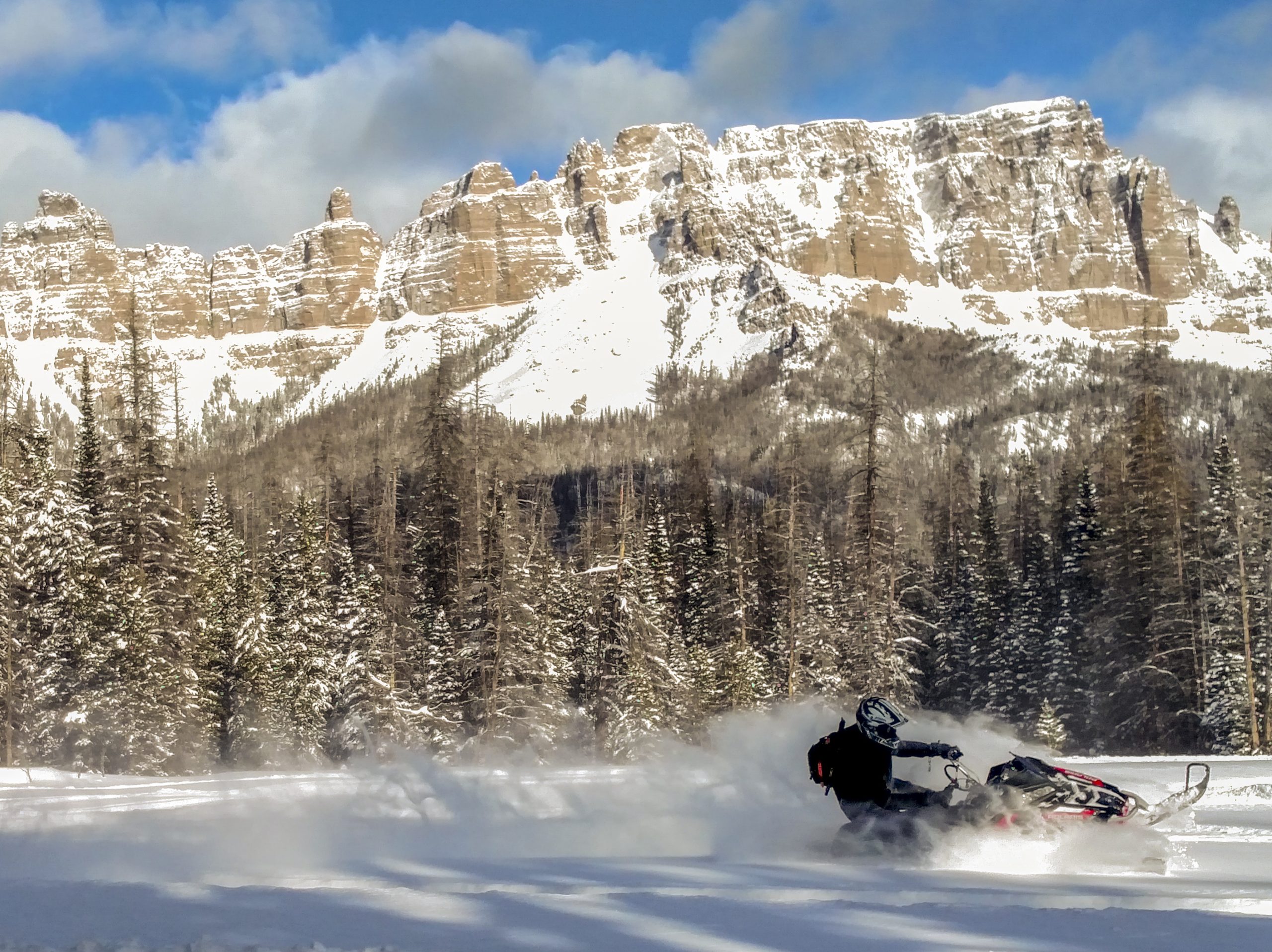 helmeted snowmobiler rides a red snowmobile through a cloud of snow in a flat snow-covered meadow bordered by snow-covered pines and crags