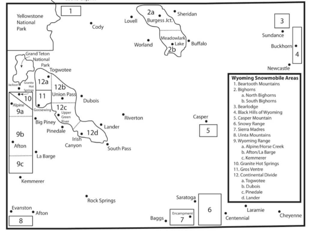 black and white map showing various Wyoming towns and their spatial relationship to the 18 study sites