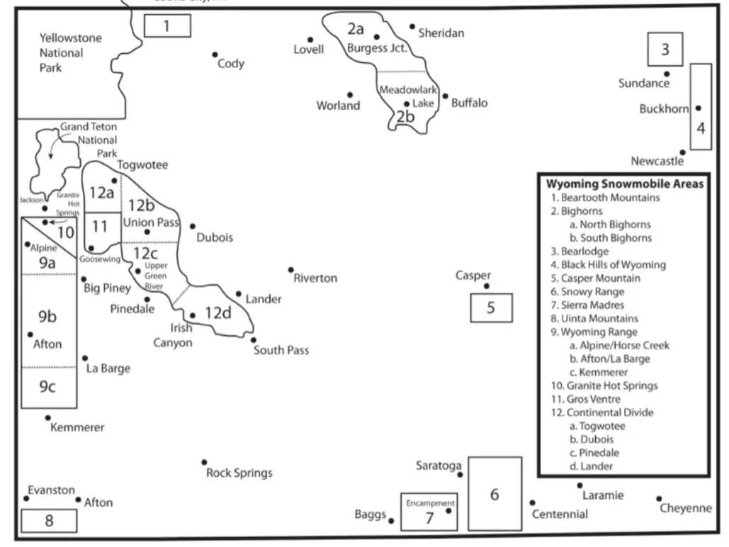 black and white map showing various Wyoming towns and their spatial relationship to the 18 study sites