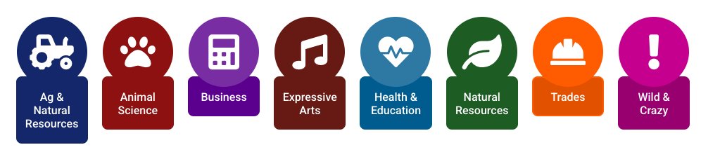eight colorful tabs with the names of different career night tracks: ag & natural resources, animal science, business, expressive arts, health & education, natural resources, trades, and wild & crazy