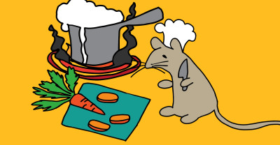 A drawing of a mouse in a chef's hat holding a knife, looking stressed, as a pot boils over in the background. Several cut up slices of carrot are in front of the pot and the mouse.