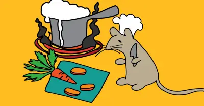 A drawing of a mouse in a chef's hat holding a knife, looking stressed, as a pot boils over in the background. Several cut up slices of carrot are in front of the pot and the mouse.