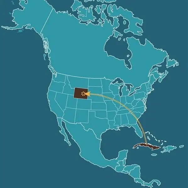 unlabeled turquoise map of North America and South America with Cuba and Wyoming in brown with a yellow arrow pointing from Cuba to Wyoming