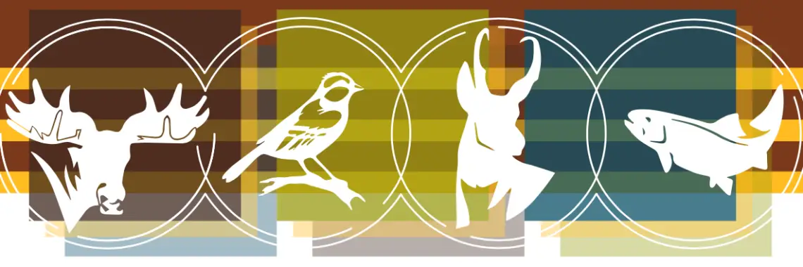 Wyoming Cooperative Fish and Wildlife Research Unit logo depicting illustration of a moose, songbird, pronghorn, and fish