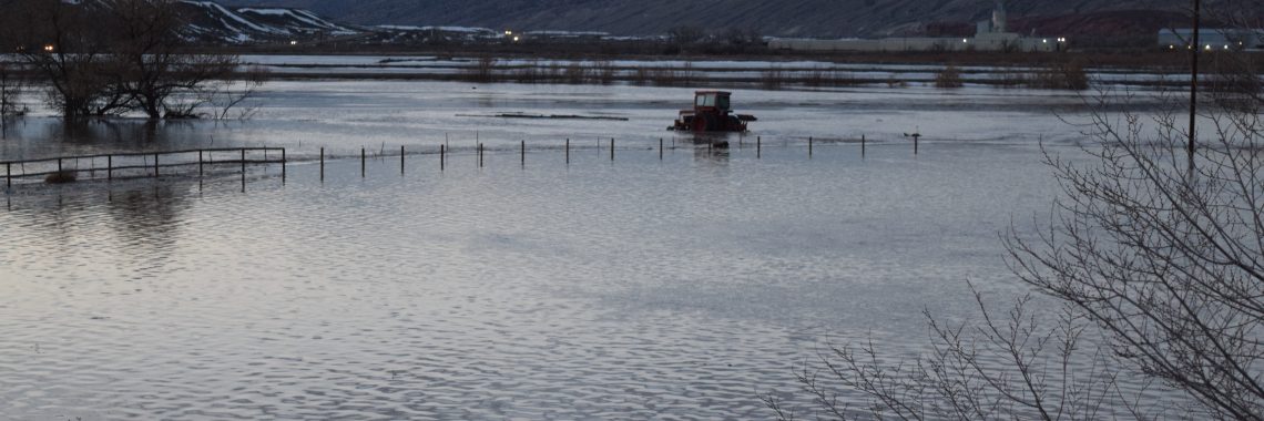 A tractor and a fence in a flooded field