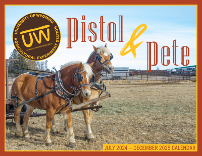 The cover of a calendar with a photo of two large horses pulling a cart.