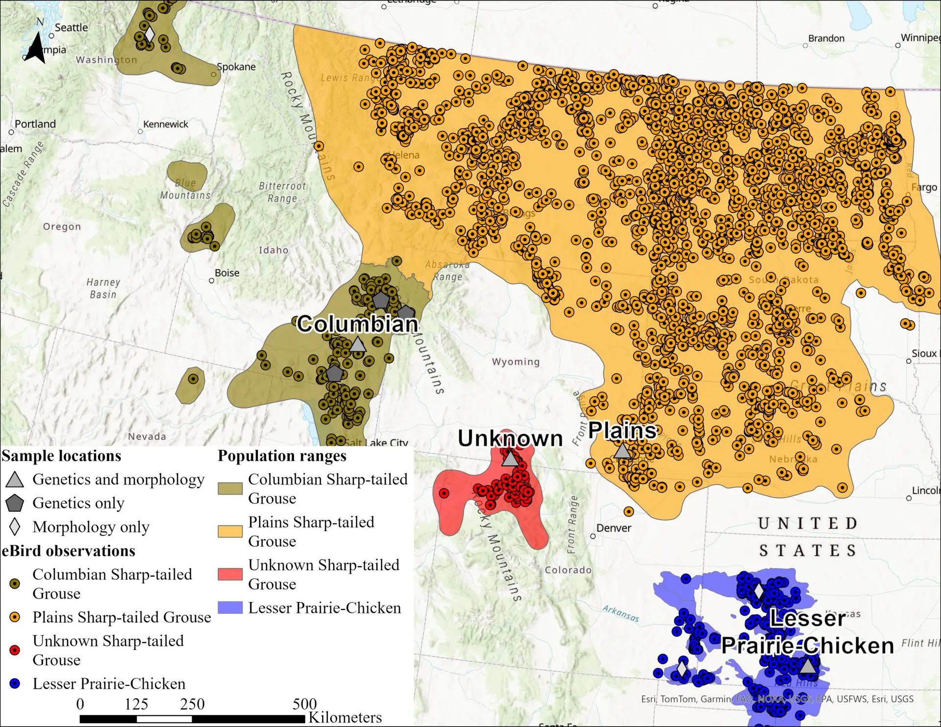 A map of Nebraska, Wyoming, Colorado, Idaho marked with various populations of Colombian sharp-tailed grouse, plains sharp-tailed grouse, lesser prairie chicken, and unknown sharp-tailed grouse.
