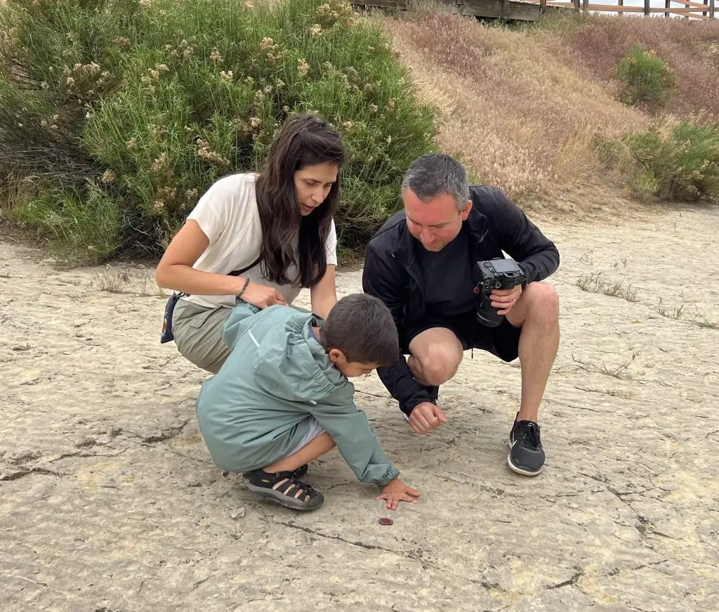 two adults, one holding a camera, squat beside a child looking down at a rocky surface on a nature walk