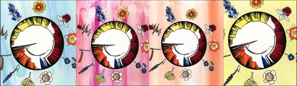 four colorful screen prints, each with a different-colored background, of the same image, which has ten flowers around a circular decorative graphic in the center.