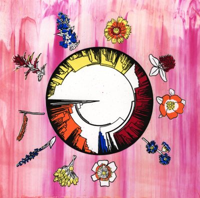 screen print artwork with white circular with black, orange, blue, and red details around the edges. The circle is surrounded by 10 different flowers in various colors and the background is streaky pink