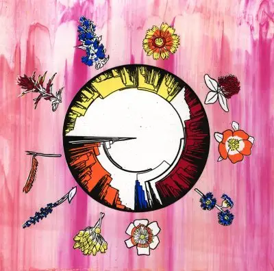 screen print artwork with white circular with black, orange, blue, and red details around the edges. The circle is surrounded by 10 different flowers in various colors and the background is streaky pink