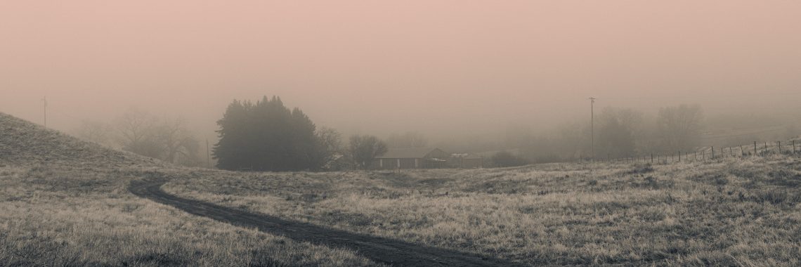 sepia-toned photo of a dirt road through a grassy field leading to a house flanked by a barn and thick clump of pine trees. Other trees are visible in the distance, shrouded in fog, with a pinkish tint to the sky above.