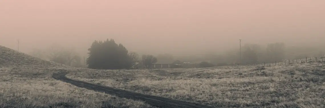 sepia-toned photo of a dirt road through a grassy field leading to a house flanked by a barn and thick clump of pine trees. Other trees are visible in the distance, shrouded in fog, with a pinkish tint to the sky above.