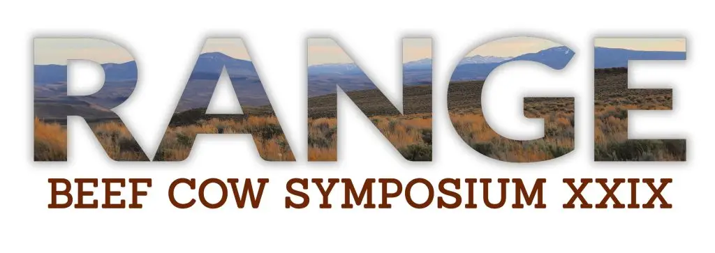 Logo with a mountainous landscape superimposed onto the word RANGE with the words Beef Cow Symposium XXIX in smaller brown text below