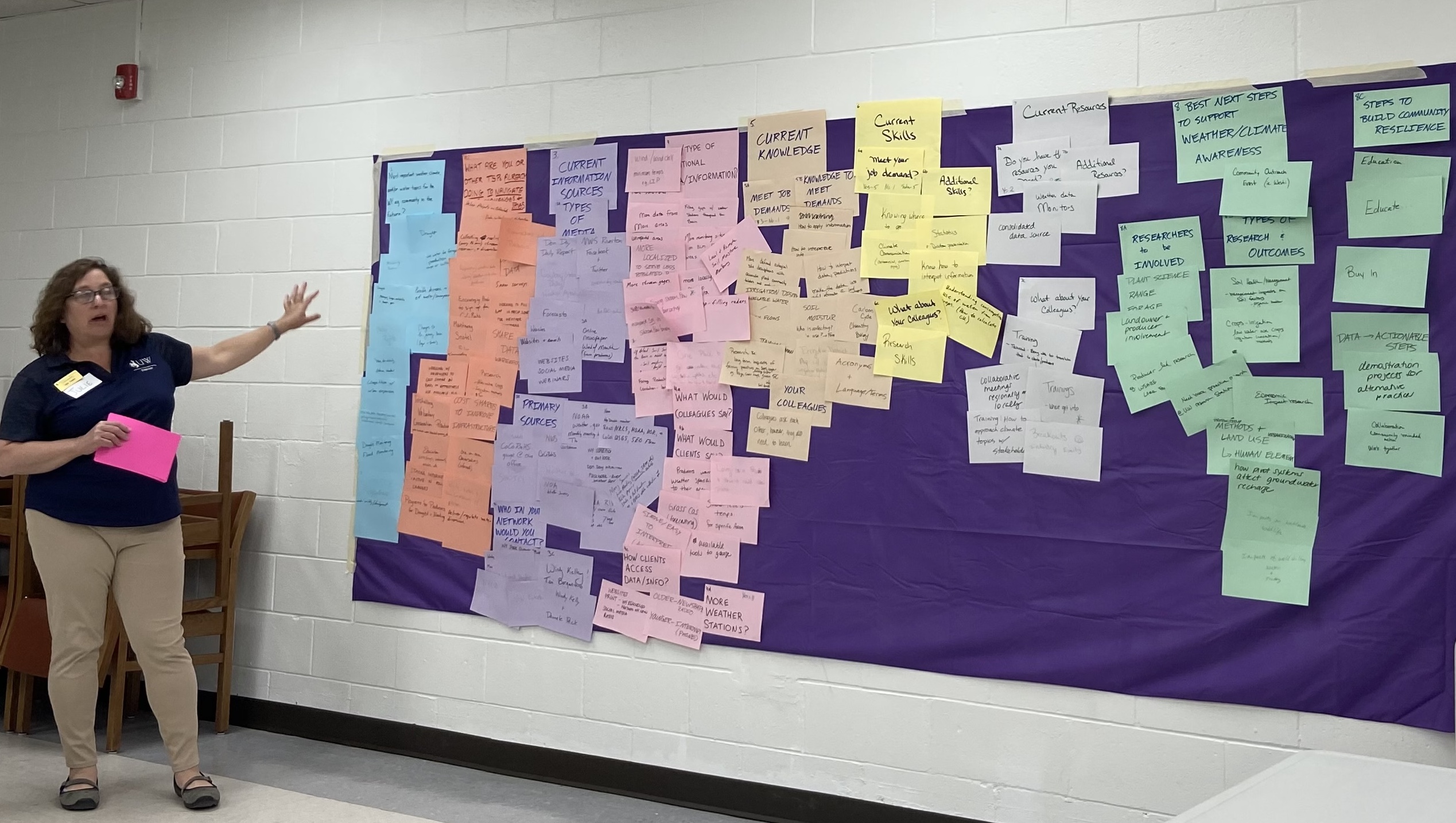 Standing woman wearing UW Extension polo gestures toward a wall adorned with colorful pieces of paper organized into columns and containing handwritten notes