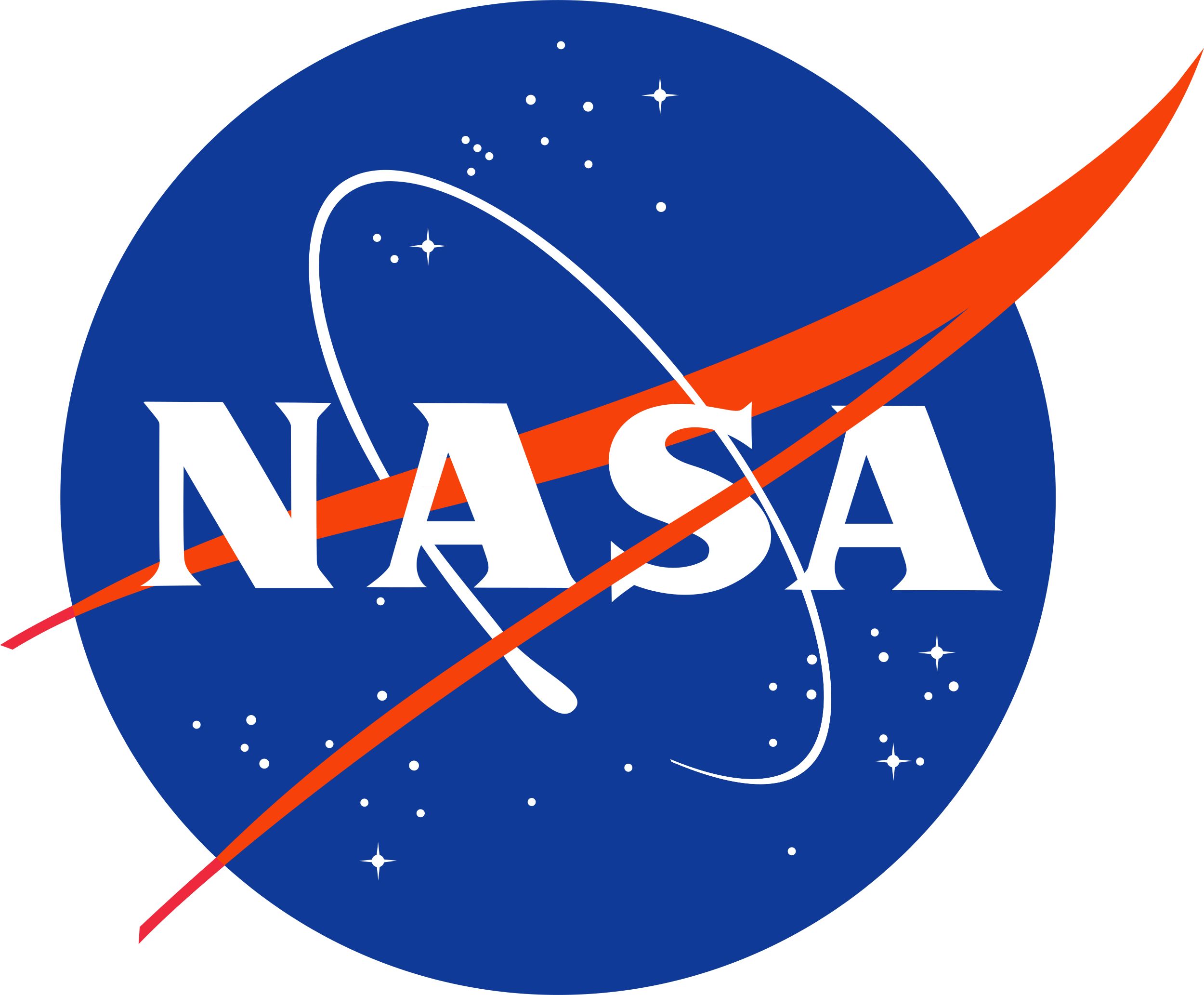 Logo including a blue circle with small white dots and star-like graphics scattered across it, plus white and red lines and NASA printed in white over top