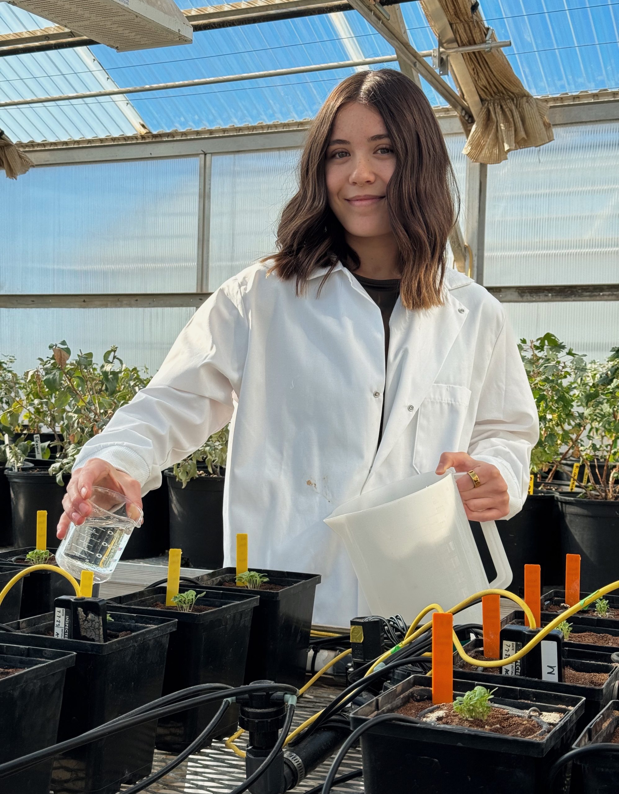 smiling woman wearing lab coat waters plants in a greenhouse using a glass beaker