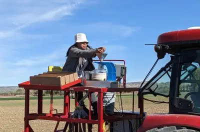 A young woman loading something into a funnel attached to a tractor.