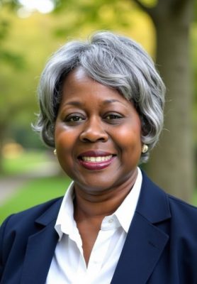 An older woman wearing formal clothing.