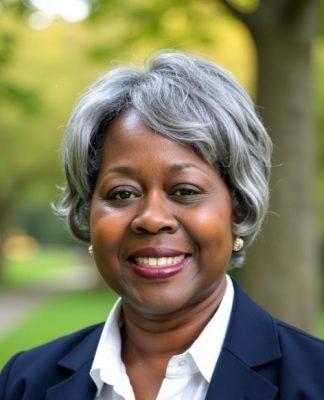 An older woman wearing formal clothing.