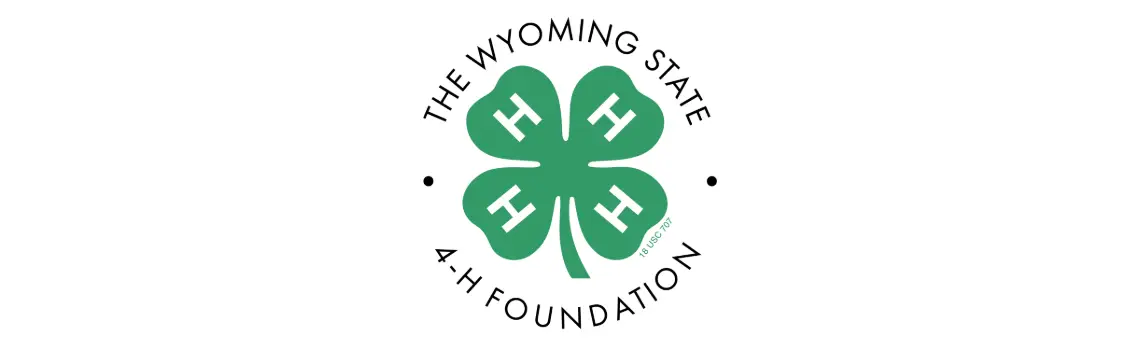 Logo for The Wyoming State 4-H Foundation featuring a green four-leaf clover with white “H” letters on each leaf, surrounded by circular text.