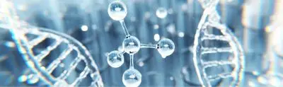 Illustration of DNA strands and molecular structures in a laboratory setting.