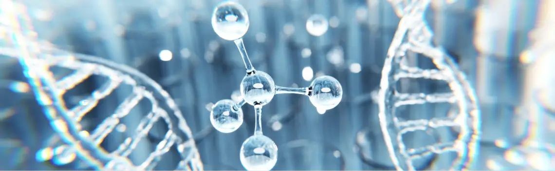 Illustration of DNA strands and molecular structures in a laboratory setting.