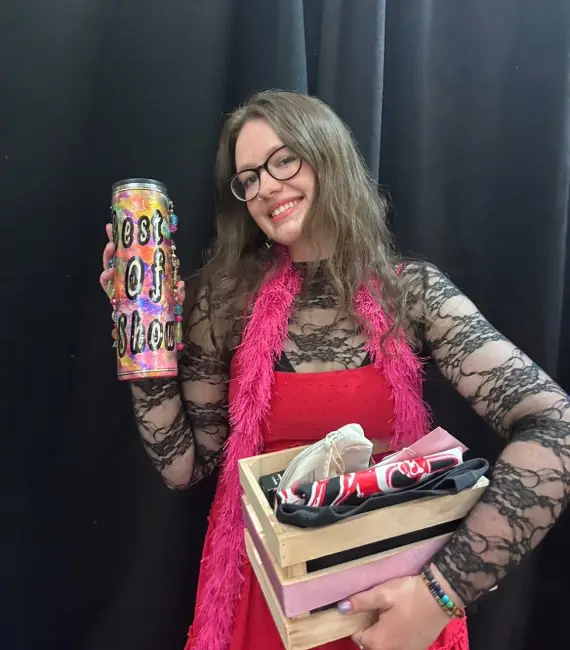 Izzy Nichols, a recent graduate of UW’s Design, Merchandising and Textiles program won three awards, including “Best of the Show,” in the 2026 Kaleidoscope Fashion Show Saturday, May 2. Photo by Greta Quill.