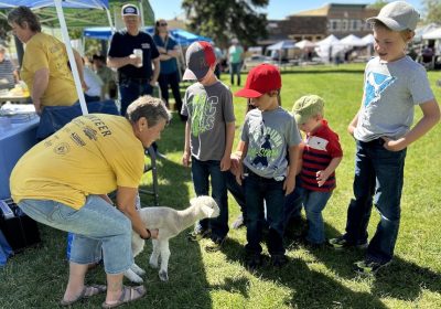 woman holding lamb bends down to show a lamb to four children in a grassy area surrounded by small vendor tents
