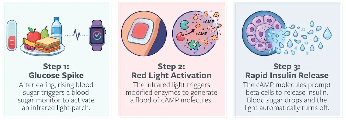 A graphic titled "How a Light-Activated System Could Work" with three illustrated steps. Step 1: Glucose Spike. After eating, rising blood sugar triggers a blood sugar monitor to activate an infrared light patch. Step 2: Red Light Activation. The infrared light triggers modified enzymes to generate a flood of cAMP molecules. Step 3: Rapid Insulin Release. The cAMP molecules prompt beta cells to release insulin. Blood sugar drops and the light automatically turns off.